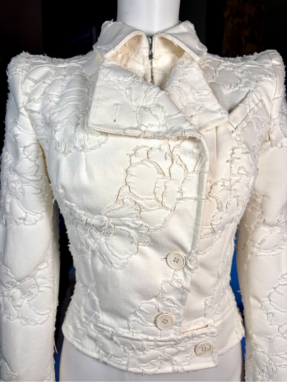 Antonio Berardi Cream Floral Fray Cutout Double Collar Moto Style Jacket Sz 40/4